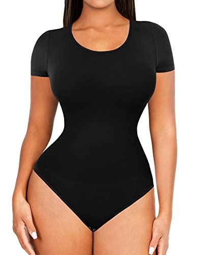 FeelinGirl Nahtloser Body mit kurzen Ärmeln für Frauen Bauchkontrolle Shapewear Bodysuit Rundhalsausschnitt Thong Sculpting Tops - Schwarz, XL/XXL von FeelinGirl