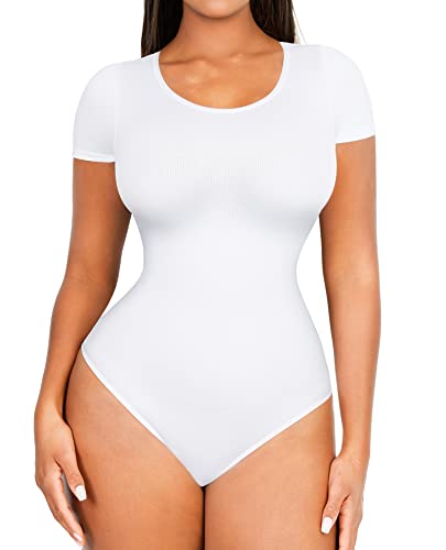 FeelinGirl Nahtloser Body mit kurzen Ärmeln für Frauen Bauchkontrolle Shapewear Bodysuit Rundhalsausschnitt Thong Sculpting Tops - Weiß, XL/XXL von FeelinGirl
