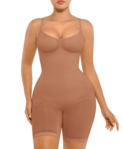 FeelinGirl Shapewear Damen Body Shaper Bauchweg Sculpting Nahtloser Atmungsaktiver Bodysuit mit Verstellbarem Schultergurt Überbrust V-Ausschnitt Bronze 5XL von FeelinGirl
