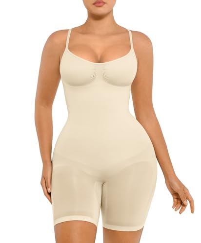 FeelinGirl Shapewear Damen Body Shaper Bauchweg Sculpting Nahtloser Atmungsaktiver Bodysuit mit Verstellbarem Schultergurt Überbrust V-Ausschnitt Hautfarben XL/XXL von FeelinGirl