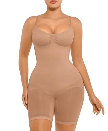 FeelinGirl Shapewear Damen Body Shaper Bauchweg Sculpting Nahtloser Atmungsaktiver Bodysuit mit Verstellbarem Schultergurt Überbrust V-Ausschnitt Leichter Kaffee M/L von FeelinGirl
