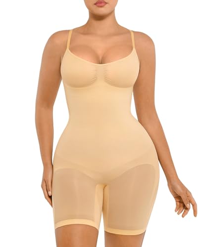 FeelinGirl Shapewear Damen Body Shaper Bauchweg Sculpting Nahtloser Atmungsaktiver Bodysuit mit Verstellbarem Schultergurt Überbrust V-Ausschnitt Ocker 3XL/4XL von FeelinGirl