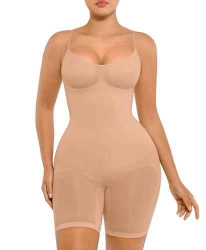 FeelinGirl Shapewear Damen Body Shaper Bauchweg Sculpting Nahtloser Atmungsaktiver Bodysuit mit Verstellbarem Schultergurt Überbrust V-Ausschnitt Ton 3XL/4XL von FeelinGirl