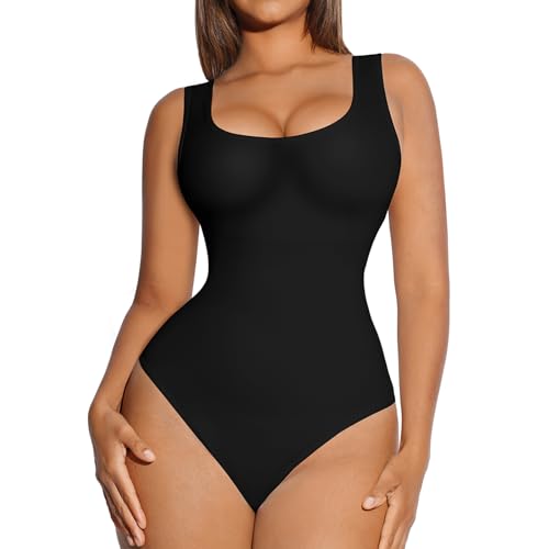 FeelinGirl Shapewear Bodysuit für Damen U-Ausschnitt Shaping String Schritt mit Druckknopf Bauchweg Ärmellose Weste Figurformendes Top Body Shaper Frauen Unterwäsche Große Größe Schwarz XXL von FeelinGirl