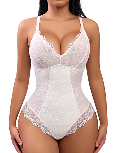 FeelinGirl Shapewear Damen Bauchweg Spitze Bodysuit V-Ausschnitt Shaping Unterwäsche Figurformende Überbrust Body Shaper Stringbody Schritt mit Haken Weiß M von FeelinGirl