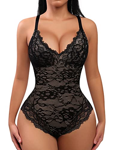 FeelinGirl Damen Shapewear Bauchweg Bodysuit Shaping Unterwäsche V-Ausschnitt Body Spitze Figurformende Dessous Überbrust Body Shaper Belly Slim Stringbody Schritt mit Haken Schwarz M von FeelinGirl