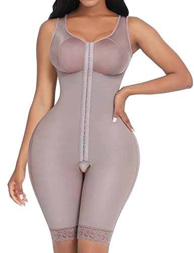 FeelinGirl Shapewear Damen Bauchweg Full Body Shaper mit 3 Haken Verstellbar Miederbody Stark Formend Ganzkörper Schenkel Schlankmacher Po Push Up Überbrust Braun S von FeelinGirl