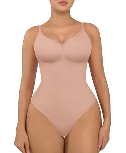FeelinGirl Shapewear Damen Body Bauchweg Nahtlos Bodysuit V-Ausschnitt Formende Sringbody Überbrust Seamless Bodyshape mit Verstellbarer Riemen Beige XL/XXL von FeelinGirl