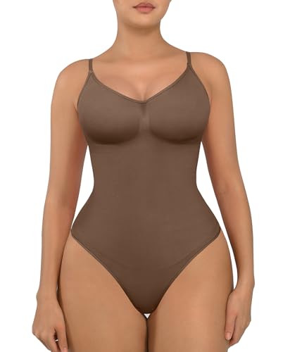 FeelinGirl Shapewear Damen Body Bauchweg Nahtlos Bodysuit V-Ausschnitt Formende Sringbody Überbrust Seamless Bodyshape mit Verstellbarer Riemen Braun XL/XXL von FeelinGirl