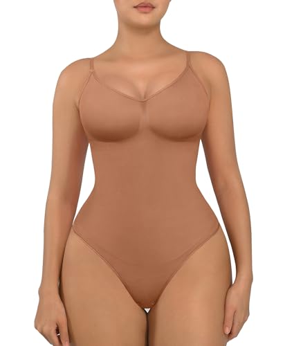 FeelinGirl Shapewear Damen Body Bauchweg Nahtlos Bodysuit V-Ausschnitt Formende Sringbody Überbrust Seamless Bodyshape mit Verstellbarer Riemen Bronze M/L von FeelinGirl