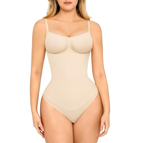 FeelinGirl Shapewear Damen Body Bauchweg Nahtlos Bodysuit V-Ausschnitt Formende Sringbody Überbrust Seamless Bodyshape mit Verstellbarer Riemen Hautfarben M/L von FeelinGirl
