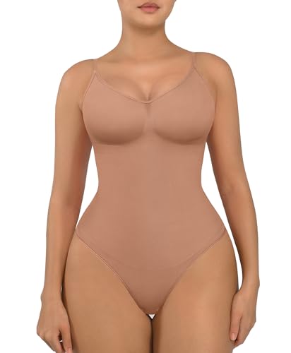 FeelinGirl Shapewear Damen Body Bauchweg Nahtlos Bodysuit V-Ausschnitt Formende Sringbody Überbrust Seamless Bodyshape mit Verstellbarer Riemen Leichter Kaffee XS/S von FeelinGirl