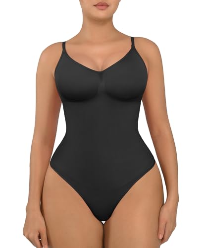 FeelinGirl Shapewear Damen Body Bauchweg Nahtlos Bodysuit V-Ausschnitt Formende Sringbody Überbrust Seamless Bodyshape mit Verstellbarer Riemen Schwarz XL/XXL von FeelinGirl