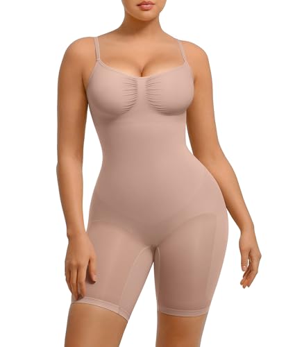 FeelinGirl Shapewear Damen Body Shaper Bauchweg Sculpting Nahtloser Atmungsaktiver Bodysuit mit Verstellbarem Schultergurt Überbrust V-Ausschnitt Beige M/L von FeelinGirl