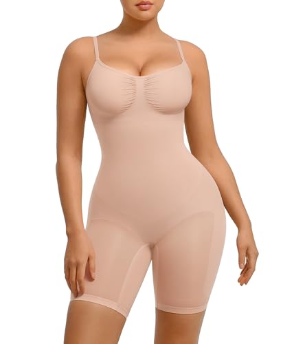 FeelinGirl Shapewear Damen Body Shaper Bauchweg Sculpting Nahtloser Atmungsaktiver Bodysuit mit Verstellbarem Schultergurt Überbrust V-Ausschnitt Ton XL/XXL von FeelinGirl