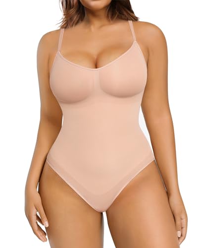 FeelinGirl Shapewear Damen Body Shaper Nahtlos Bauchweg Bodysuit im Slip-Stil Schritt mit Knopfverschluss Miederbody mit Verstellbare Schultergurte Ton M/L von FeelinGirl