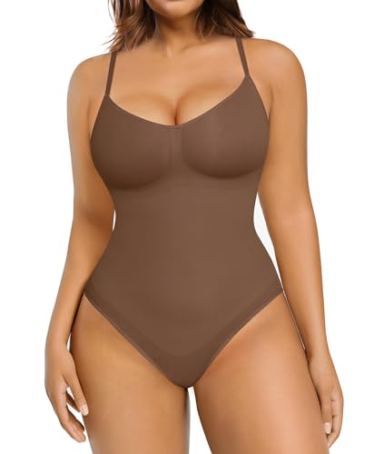 FeelinGirl Shapewear Damen Body Shaper Nahtlos Bauchweg Bodysuit im Slip-Stil Schritt mit Knopfverschluss Miederbody mit Verstellbare Schultergurte Braun M/L von FeelinGirl
