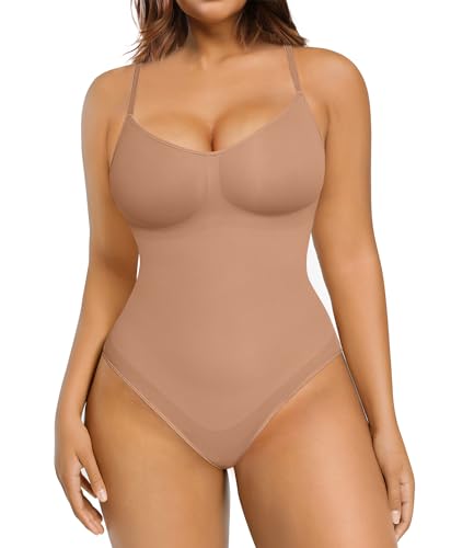 FeelinGirl Shapewear Damen Body Shaper Nahtlos Bauchweg Bodysuit im Slip-Stil Schritt mit Knopfverschluss Miederbody mit Verstellbare Schultergurte Leichter Kaffee M/L von FeelinGirl