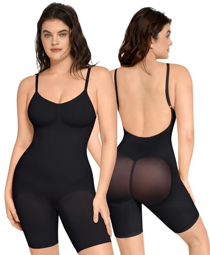 FeelinGirl Shapewear Damen Body Shaper Nahtlos Bauchweg Bodysuit im Slip-Stil Schritt mit Knopfverschluss Miederbody mit Verstellbare Schultergurte Schwarz XL/XXL von FeelinGirl