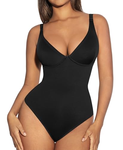 FeelinGirl Shapewear Damen Body Tiefer V-Ausschnitt Bauchweg Bodysuit Tanga Formende Bodys Mode-Shaper mit Breite Schultergurte Schwarz L von FeelinGirl