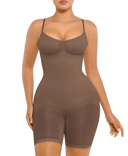 FeelinGirl Shapewear Damen Body Shaper Bauchweg Sculpting Nahtloser Atmungsaktiver Bodysuit mit Verstellbarem Schultergurt Überbrust V-Ausschnitt Braun XL/XXL von FeelinGirl