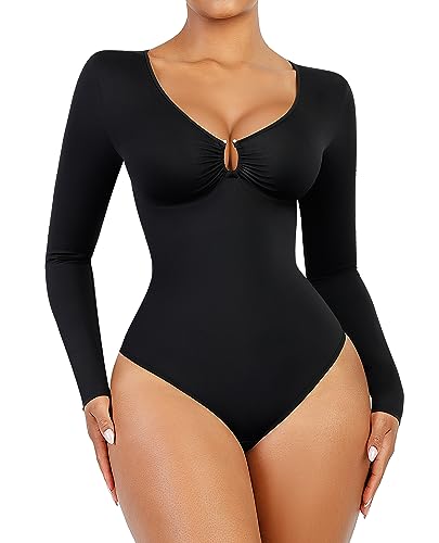 FeelinGirl Top Damen mit Lange Ärmel Shapewear Unterhemd Bauchweg Bodysuit Tiefer V-Ausschnitt Shaping Trägershirt String mit Strasssteinen U-förmiger Metallring Schwarz L von FeelinGirl