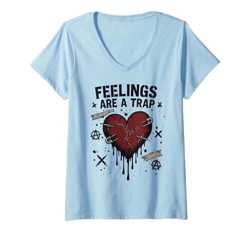 Damen Emo-Punk-Herz, grafische Gefühle, alternativer Gothic-Stil T-Shirt mit V-Ausschnitt Damen Emo-Punk-Herz, grafische Gefühle, alternativer Gothic-Stil T-Shirt mit V-Ausschnitt von Feelings Trap Punk Emo Broken Heart Design
