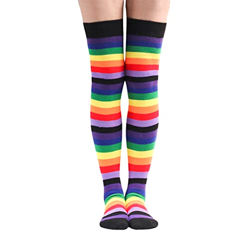 Feelorna 1 Paar Kniestrümpfe für Frauen, weiche lange Streifen Kniestrümpfe für Cosplay Daily Wear (DE/NL/SE/PL, Alphanumerisch, Einheitsgröße, Regular, Regular, Regenbogenstreifen) von Feelorna