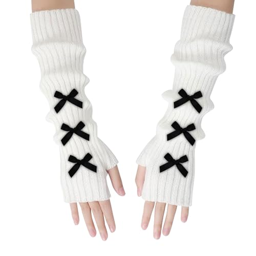 Feelorna Damen Armstulpen, Weiche Gestrickte Lange Ärmel Fingerlose Handschuhe mit Daumenloch, Damenmode Nette Y2k Fliege Handgelenkwärmer für Herbst Winter (Weiß) von Feelorna