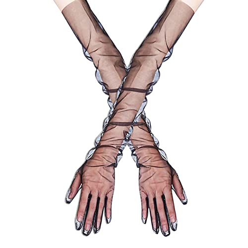 Feelorna Damen Lange Tüllhandschuhe, Sheer Hochzeit Braut Handschuhe Mesh Ellenbogen Länge Opera Party Handschuhe für Hochzeit Abend Party Halloween Kostüm (Schwarz) von Feelorna