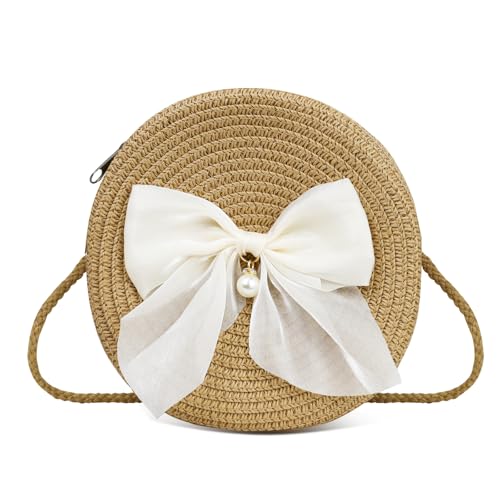 Feelorna Damen-Umhängetasche aus Stroh, süße Sommer-Strandtasche mit Perlenschleife, rund, gewebt, Stroh, Schultertasche für Reisen, Khaki, Small, Boho Feelorna Damen-Umhängetasche aus Stroh, süße Sommer-Strandtasche mit Perlenschleife, rund, gewebt, Stroh, Schultertasche für Reisen, Khaki, Small, Boho von Feelorna