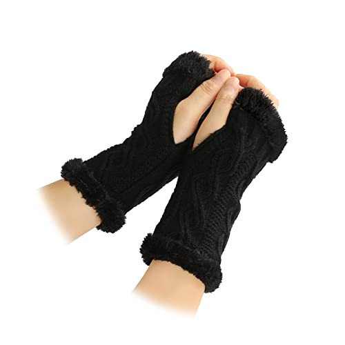 Feelorna Damen stricken fingerlose Handschuhe, Winter Plüsch Handschuhe Fäustlinge Handgelenke Warmere Arm Handschuh mit Daumenloch (Schwarz) von Feelorna