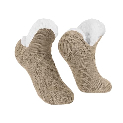 Feelorna Frauen Pantoffeln Socken, Frauen warme Wintersocken, Fleece gefüttert Anti-Rutsch gestrickt dicke Socken für Indoor Home Floor (Khaki) von Feelorna