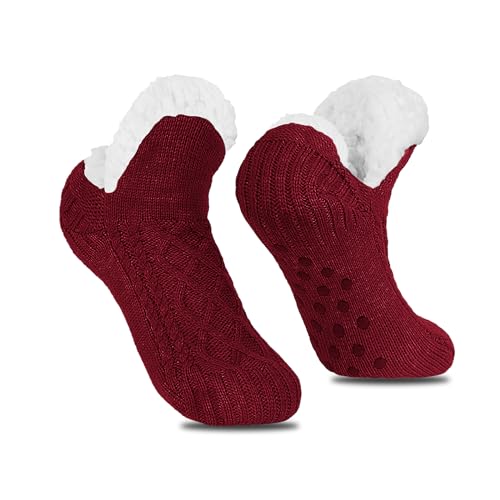 Feelorna Frauen Pantoffeln Socken, Frauen warme Wintersocken, Fleece gefüttert Anti-Rutsch gestrickt dicke Socken für Indoor Home Floor (Rot) von Feelorna