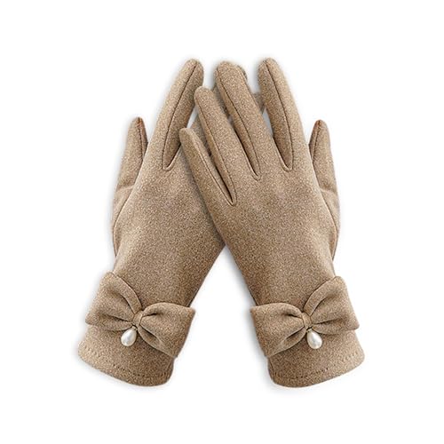 Feelorna Frauen Winter Handschuhe, Damen Mode Fleece gefütterte warme Handschuhe mit nettem Bogen, elegante weiche thermische winddichte Touchscreen Handschuhe für Fahren Laufen Radfahren (Khaki) von Feelorna