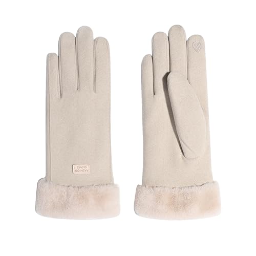 Feelorna Frauen Winterhandschuhe, 360° Winddichte Plüsch Manschette Thermische Touchscreen Handschuhe, Fleece gefütterte weiche Handschuhe für Outdoor Fahren Radfahren (Beige) von Feelorna