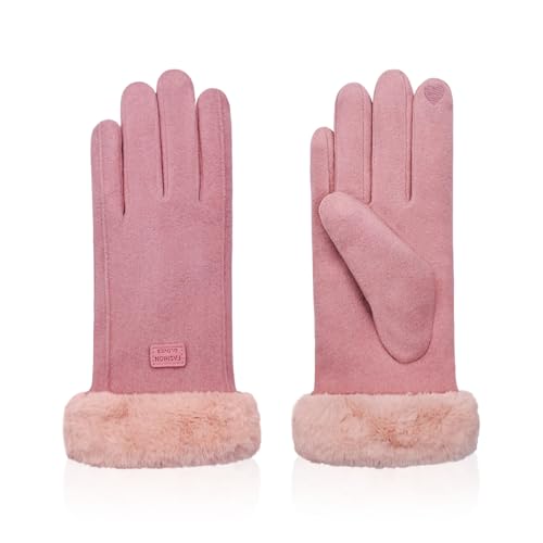 Feelorna Frauen Winterhandschuhe, 360° Winddichte Plüsch Manschette Thermische Touchscreen Handschuhe, Fleece gefütterte weiche Handschuhe für Outdoor Fahren Radfahren (Rosa) von Feelorna