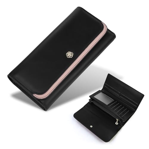 Feelorna Geldbörse Damen, Lange PU Leder Portemonnaie mit Mehreren Karten-Slots und Reißverschluss Münzfach, tragbare Geldbeutel Damen Kreditkartenetui mit ID-Fenster (Klassisch, Schwarz) von Feelorna