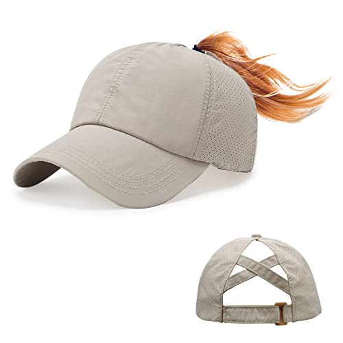 Feelorna Pferdeschwanz Baseball Cap Damen Sommer, Mesh Baseballkappe mit Pferdeschwanz Loch Einstellbare Atmungsaktive Sportkappe Hut für Outdoor Sport Reisen (Khaki) von Feelorna