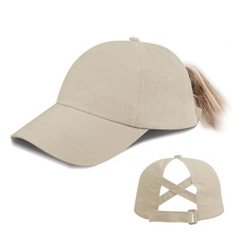 Feelorna Pferdeschwanz Baseball Cap Damen Sommer, Mesh Baseballkappe mit Pferdeschwanz Loch Einstellbare Atmungsaktive Sportkappe Hut für Outdoor Sport Reisen (Khaki) von Feelorna