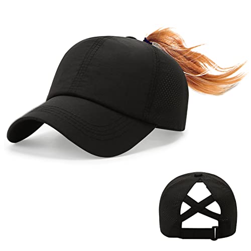 Feelorna Pferdeschwanz Baseball Cap Damen Sommer, Mesh Baseballkappe mit Pferdeschwanz Loch Einstellbare Atmungsaktive Sportkappe Hut für Outdoor Sport Reisen (Schwarz) von Feelorna