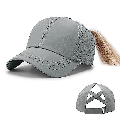 Feelorna Pferdeschwanz Baseballkappe Damen Sommer, Mesh Baseball Cap mit Pferdeschwanz Loch Einstellbare Atmungsaktive Sportkappe Hut für Outdoor Sport Reisen (Grau) von Feelorna