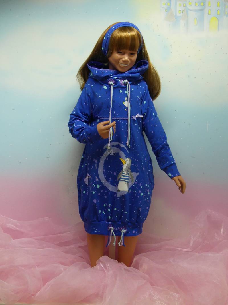 1Teil Ballonkleid Moin Pinguin Möwe Gr. 104-140 Blau Flieder Türkis Kapuzen Hoodie Kleid Tunika Pulli Jersey Handmade Unikat Feenkleiddesign von FeenkleidDesign2020