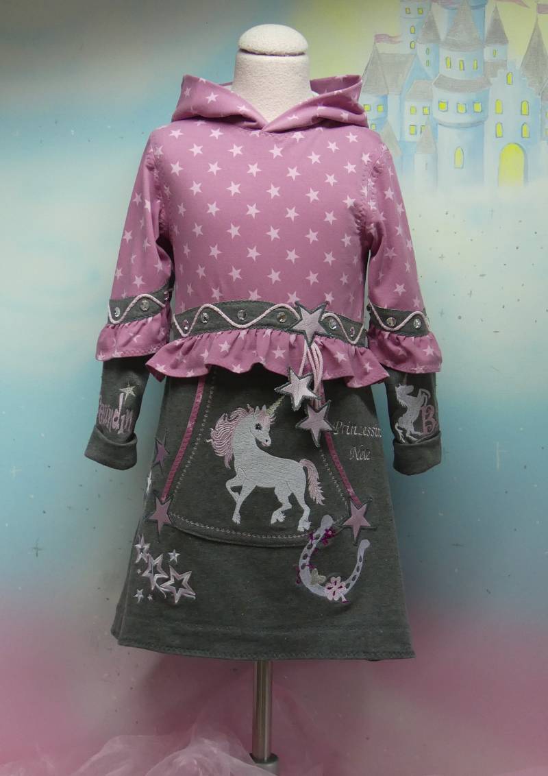 1Teil Sweaty Kapuzenkleid Einhorn Gr. 104-140 Sterne Grau Rosa Pferd Pony Tunika Kleid Hoodie Mädchen Unikat Handmade Feenkleiddesign von FeenkleidDesign2020