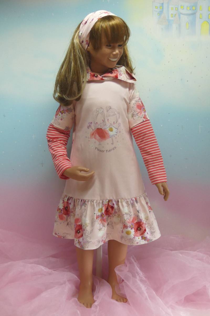 1Teil Jersey Kleid Flower Fairies Gr. 86-140 Blumen Fee Elfe Rosa Apricot Hoodie Kapuze Pulli Tunika Ringel Handmade Unikat Feenkleiddesign von FeenkleidDesign2020