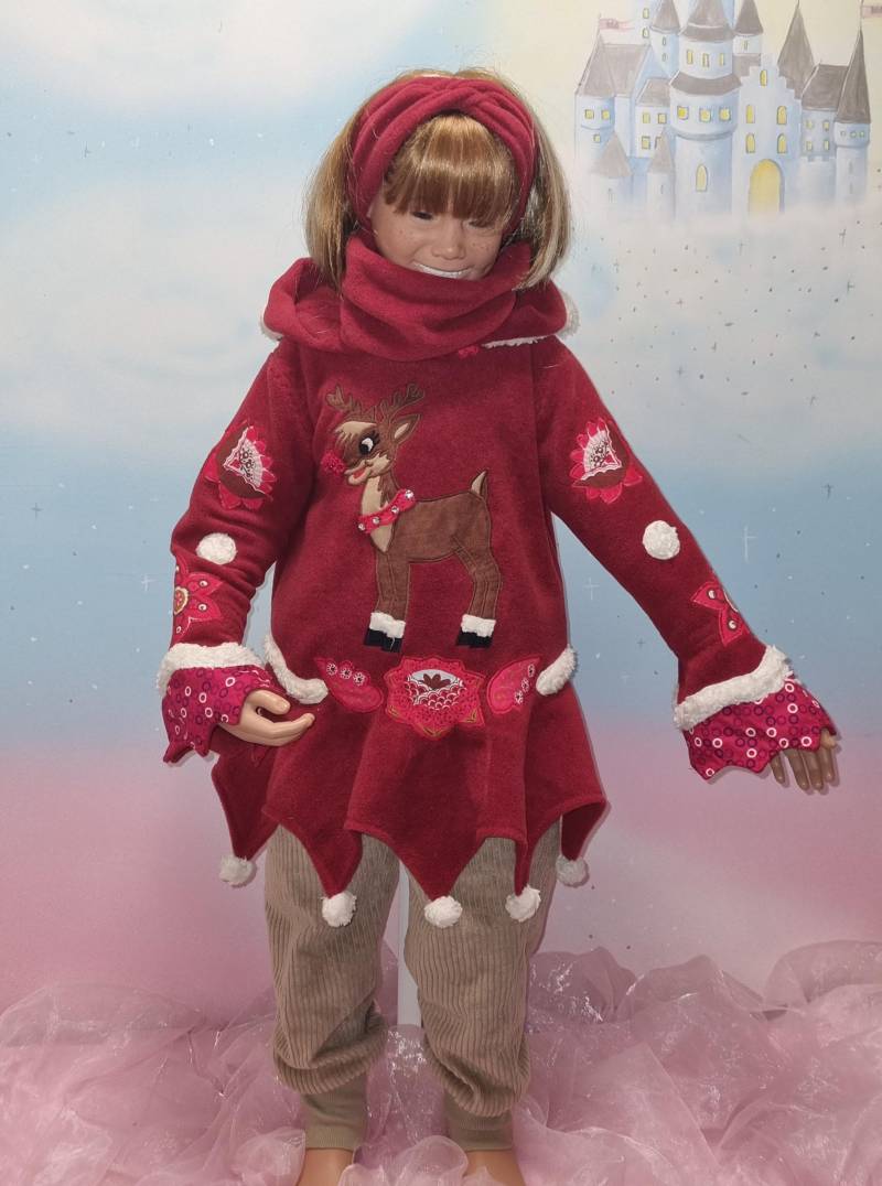 1Teil Weihnachten Zipfelpulli Gr. 86-140 Rudi Rehntier Winter Kapuzen Pullover Pulli Hoodie Rot Mädchen Unikat Handmade Feenkleiddesign von FeenkleidDesign2020