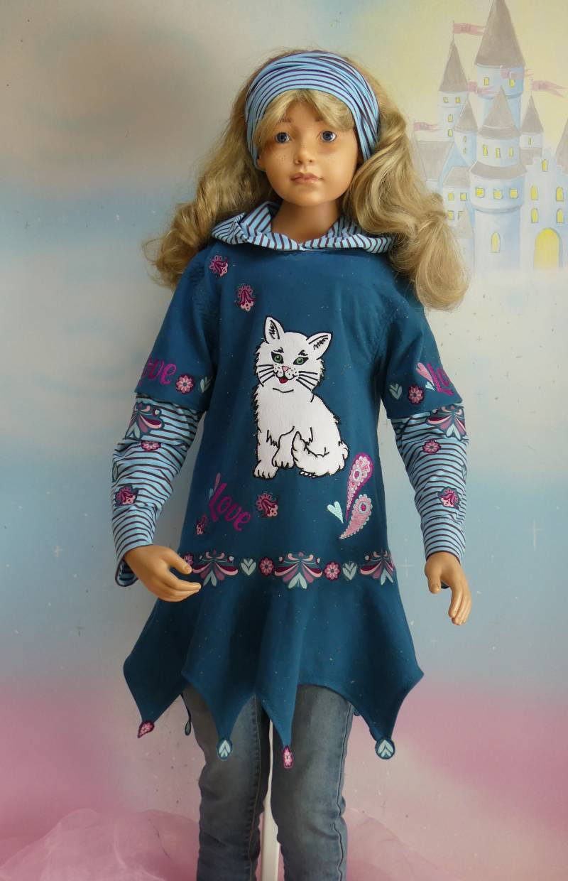 Zipfelpulli Gr. 86-140 Katze Kitty Hund Einhorn Kapuzen Pullover Pulli Hoodie Türkis Beere Mädchen Unikat Handmade Feenkleiddesign von FeenkleidDesign2020