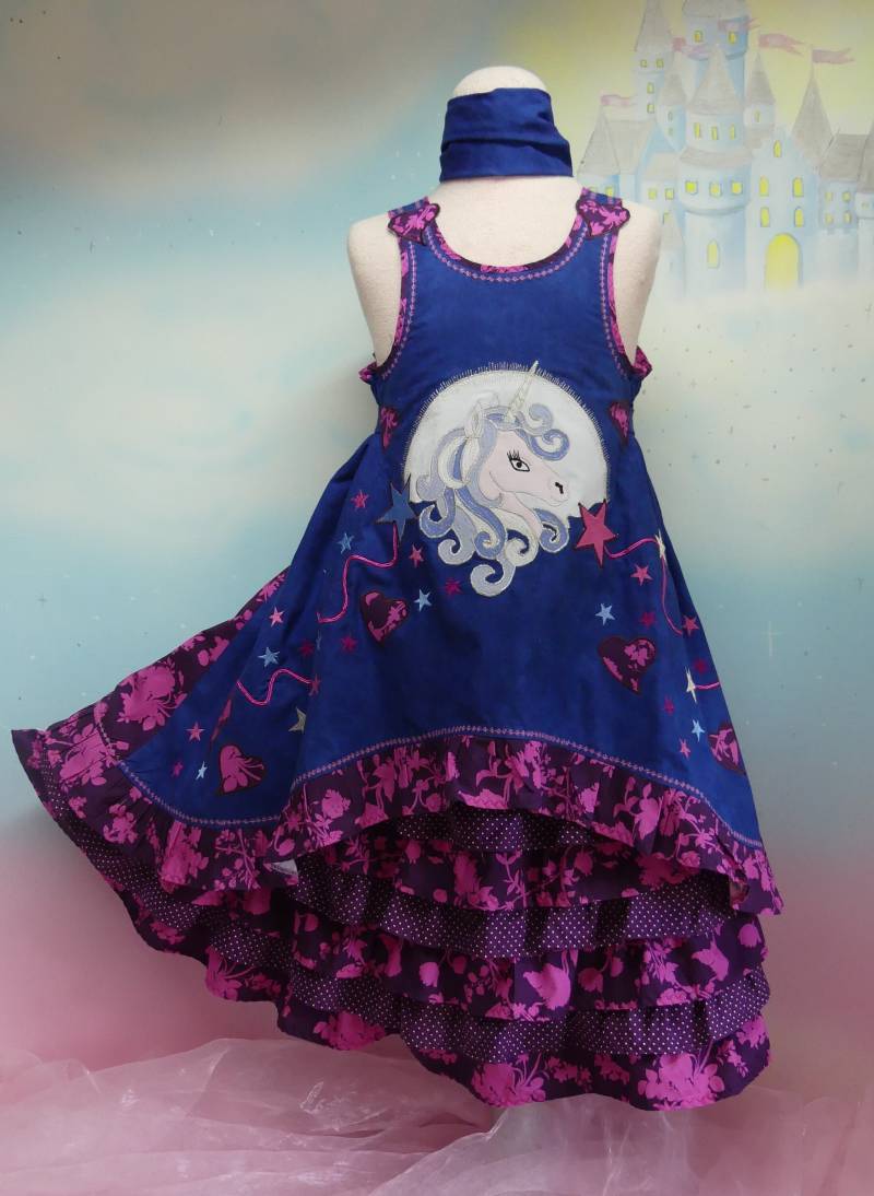 2Teile Kleid Gr. 86-140 Einhorn Mondschein Pferd Pony Sterne Blau Lila Beere Pink Rüschenkleid Einschulung Unikat Handmade Feenkleiddesign von FeenkleidDesign2020