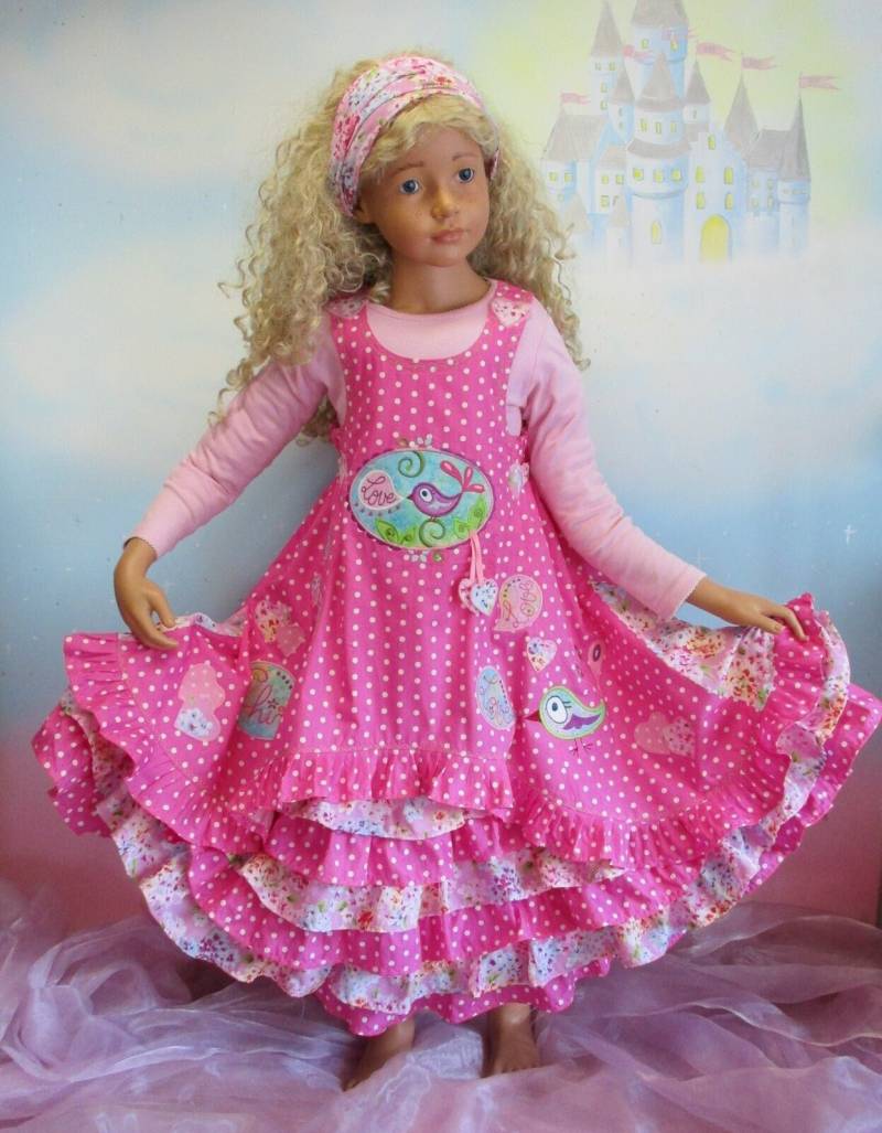 2Teile Kleid Gr. 86-140 Vögelchen Pieps Vogel Dots Punkte Pink Türkis Blau Rüschenkleid Einschulung Unikat Handmade Feenkleiddesign von FeenkleidDesign2020