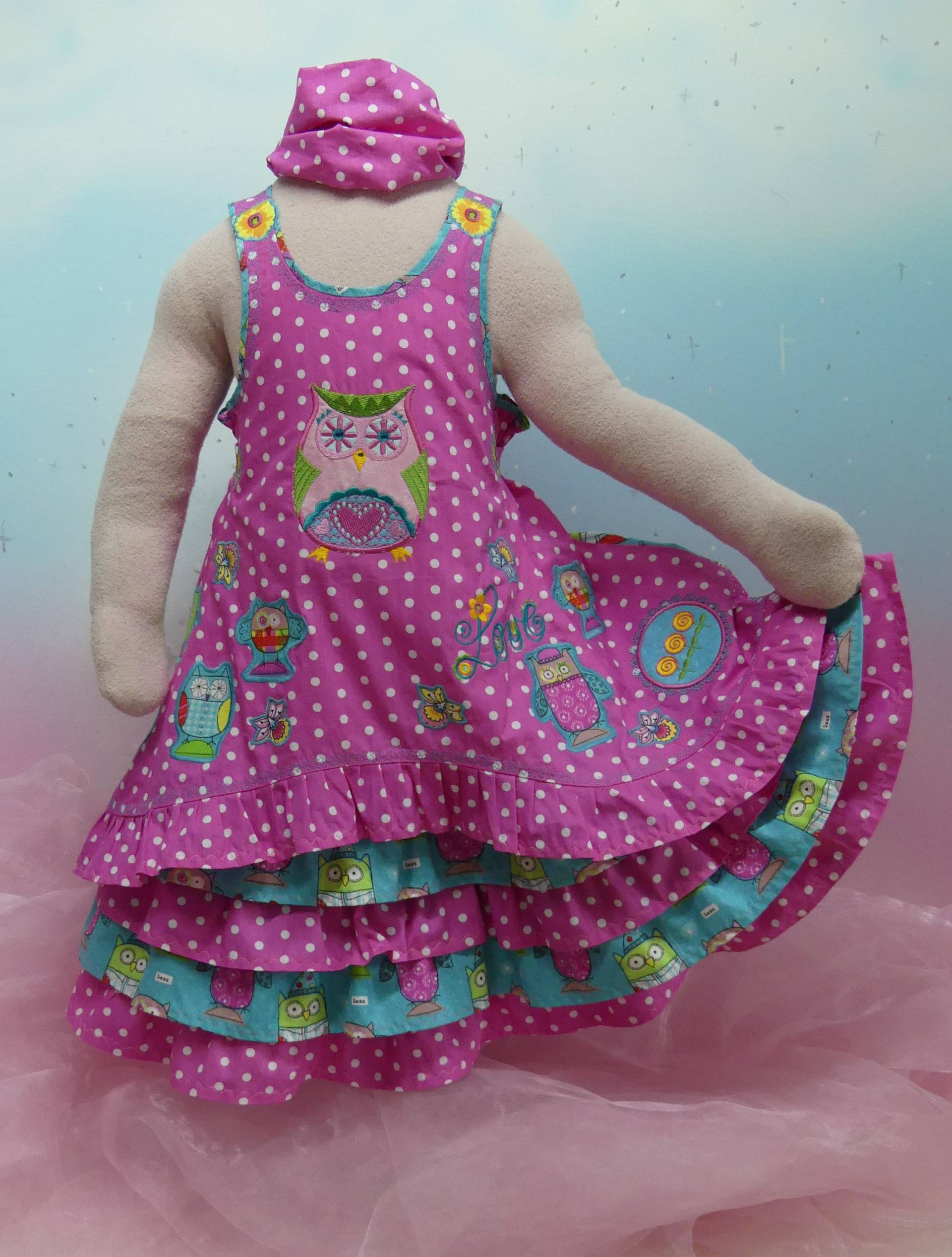 2Teile Kleid Gr.86-140 Eule Owl Love Igel Familie Punkte Dots Pink Türkis Blau Rüschenkleid Einschulung Unikat Handmade Feenkleiddesign von FeenkleidDesign2020